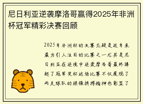 尼日利亚逆袭摩洛哥赢得2025年非洲杯冠军精彩决赛回顾